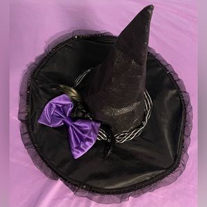 Sparkly, witch hat. purple bow, black feathers, and a pinstripe base